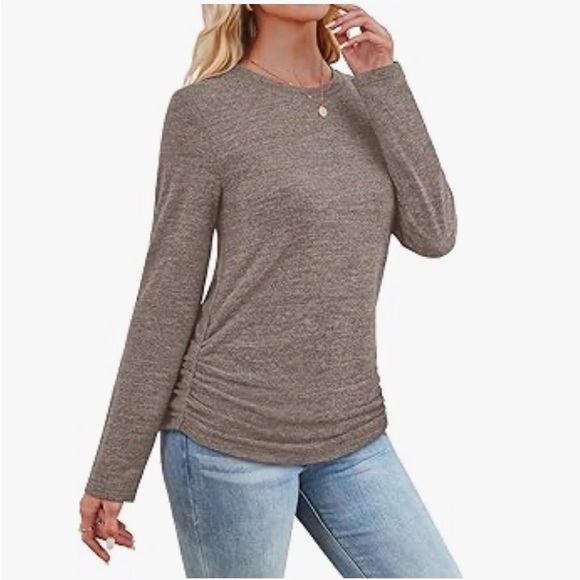Tops - Long Sleeve Ruched Side Women's Top - Taupe